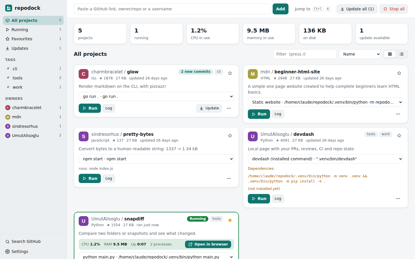 Repodock dashboard showing project cards and run controls